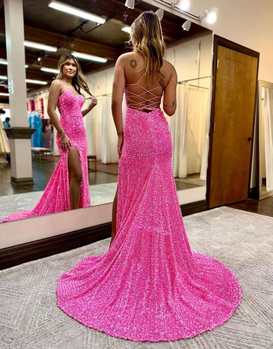 Wholesale Hot Pink Mermaid Corset Back Long Prom Dress With Split prom dresses with long sleeves